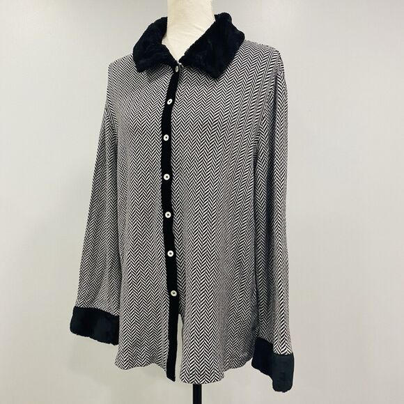 NEIMAN MARCUS VTG XL Faux Fur Trim Button Up Cardigan Shacket Houndstooth Retro - Picture 5 of 16